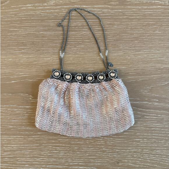 Clara Kasavina Evening Bag Beaded Chain Strap Pink Silver